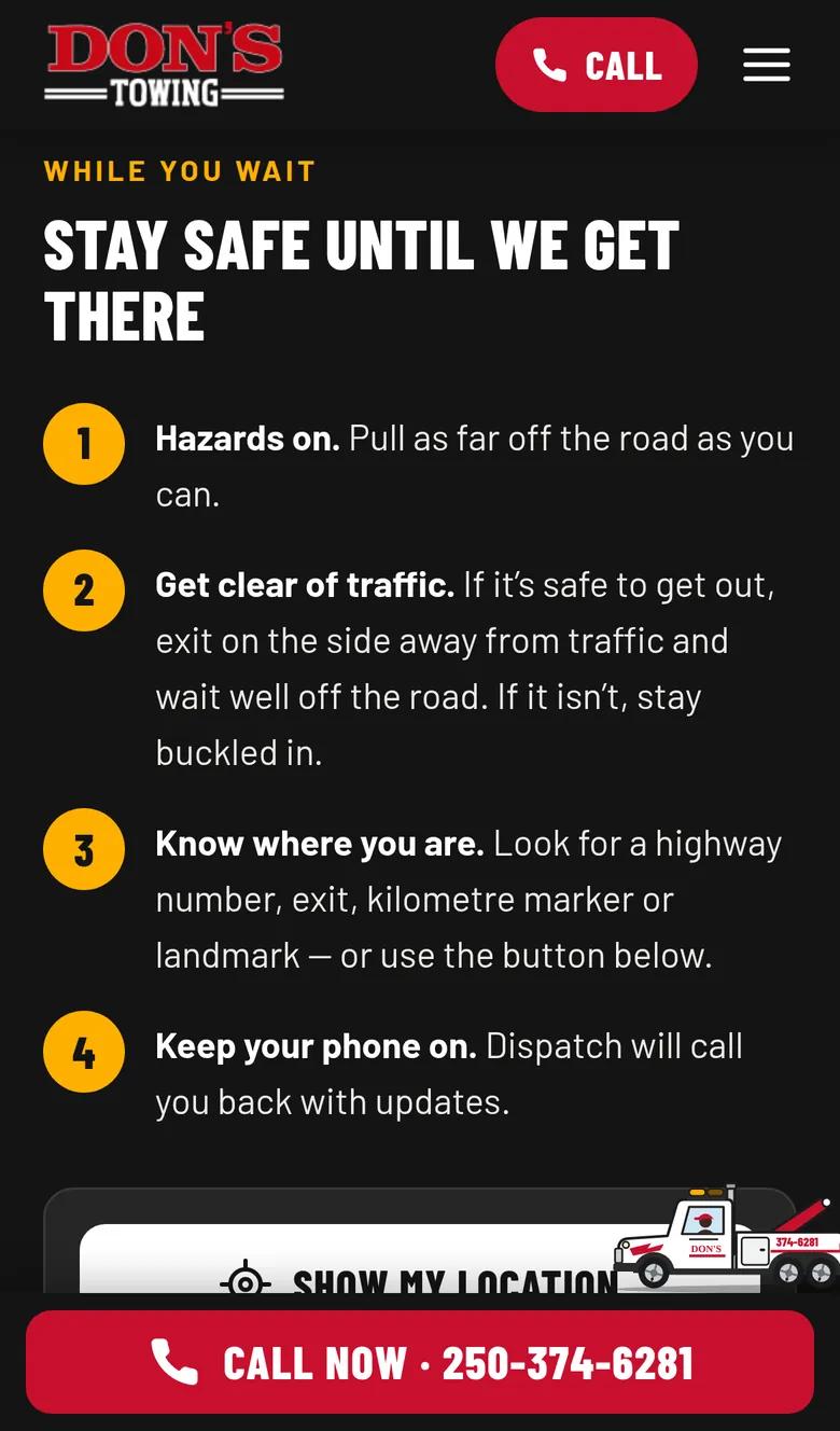 The Stay Safe Until We Get There section on a phone, with four numbered safety steps