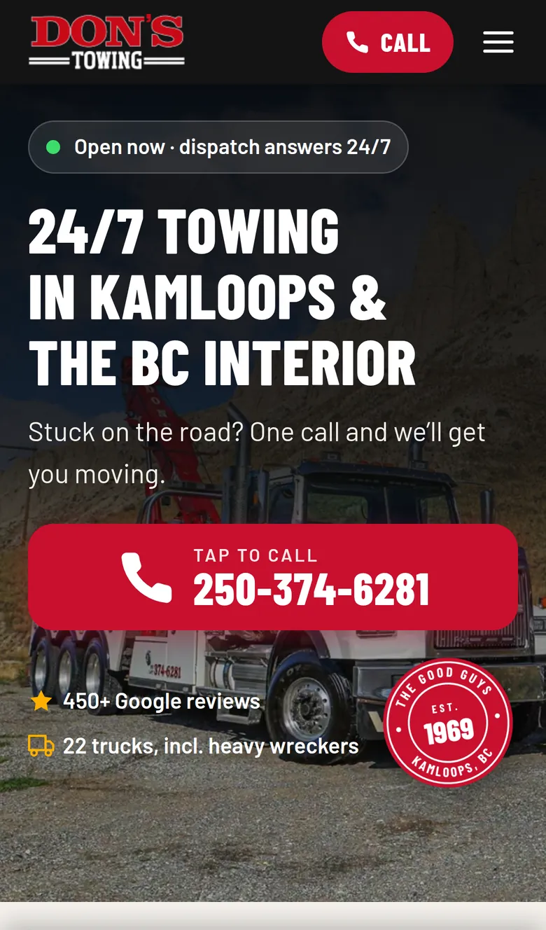 The redesign's first screen on a phone, with the headline, Open now signal, tap-to-call button and Est. 1969 badge