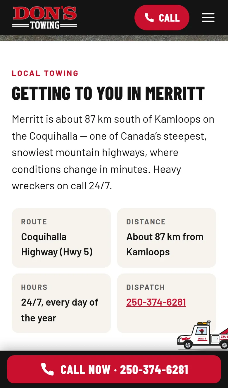 The Merritt town page on a phone, describing the Coquihalla Highway, with route, distance and dispatch details