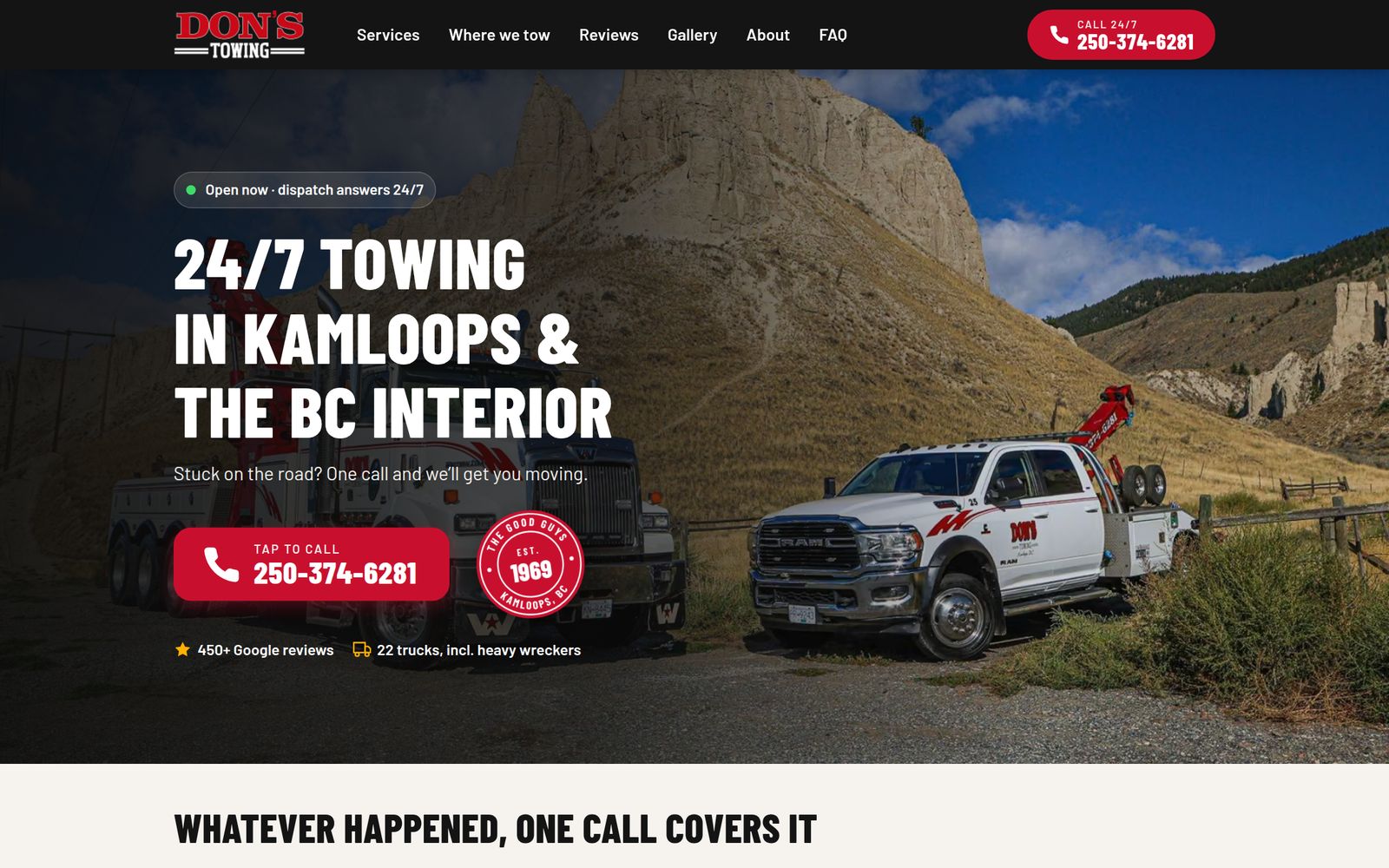 The redesigned Don's Auto Towing homepage on a laptop: '24/7 Towing in Kamloops & the BC Interior' over a photo of two tow trucks below the hoodoos