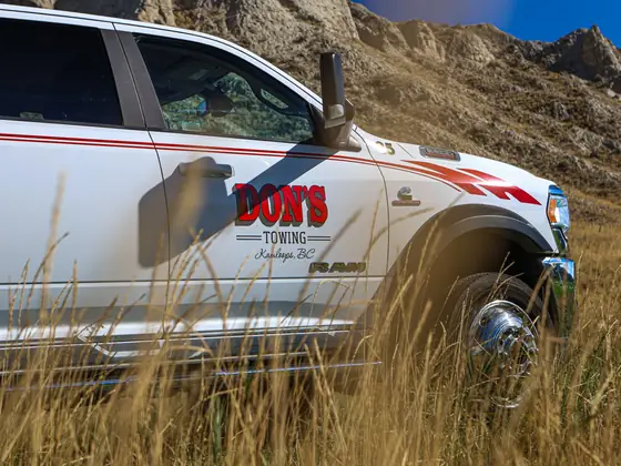 DON'S TOWING logo on a Ram wrecker door, framed by tall grass